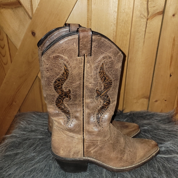 Abilene Leather Cowboy boots Tooled Inlay Womens Size 8 - Picture 6 of 16